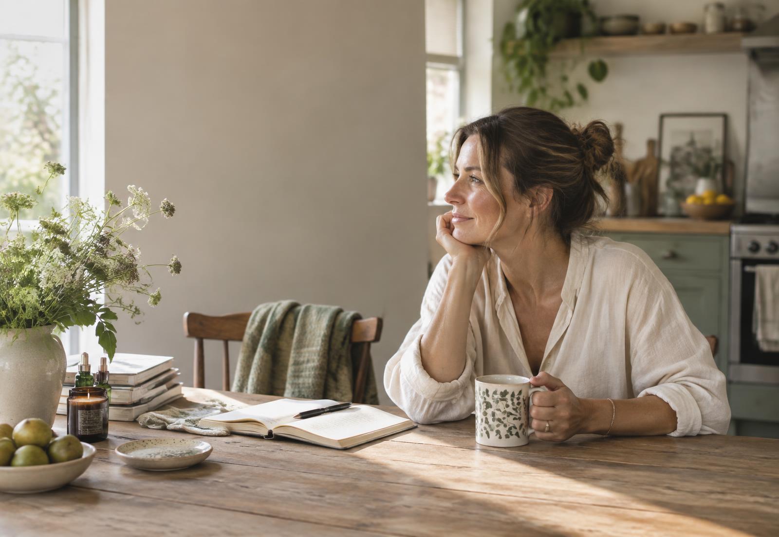 Amy's cosy corner — tea, journals and warm afternoon light