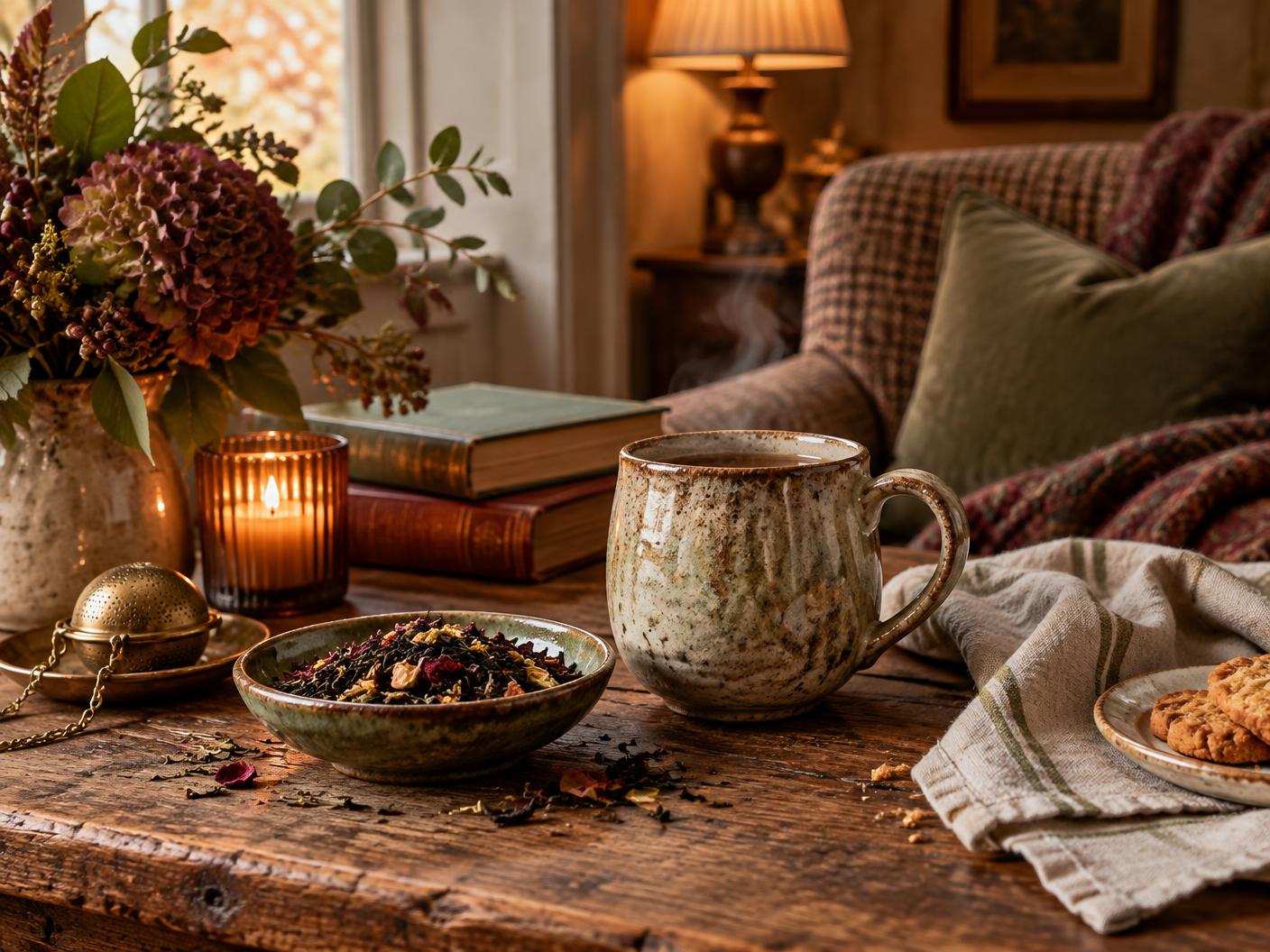 A warm cup of botanical tea beside an open journal